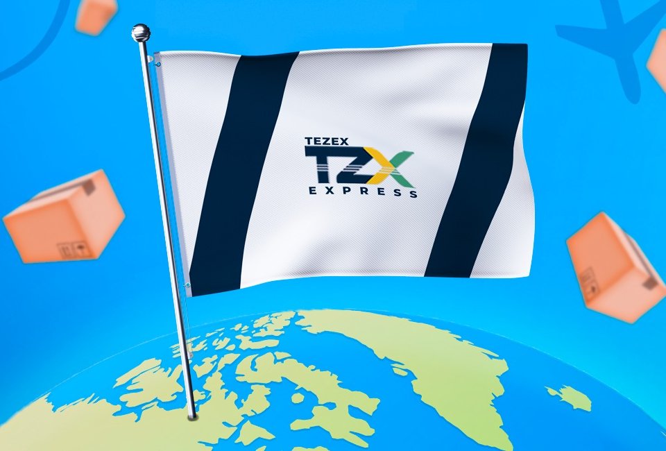 Bandeira Tezex sobre o globo, representando envios internacionais